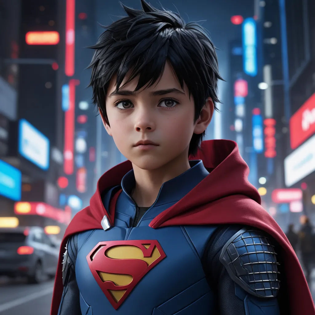a young boy dressed as superman in a city at night with neon lights and a cityscape in the background, photorealism, concept art, Everett Warner, unreal engine highly rendered