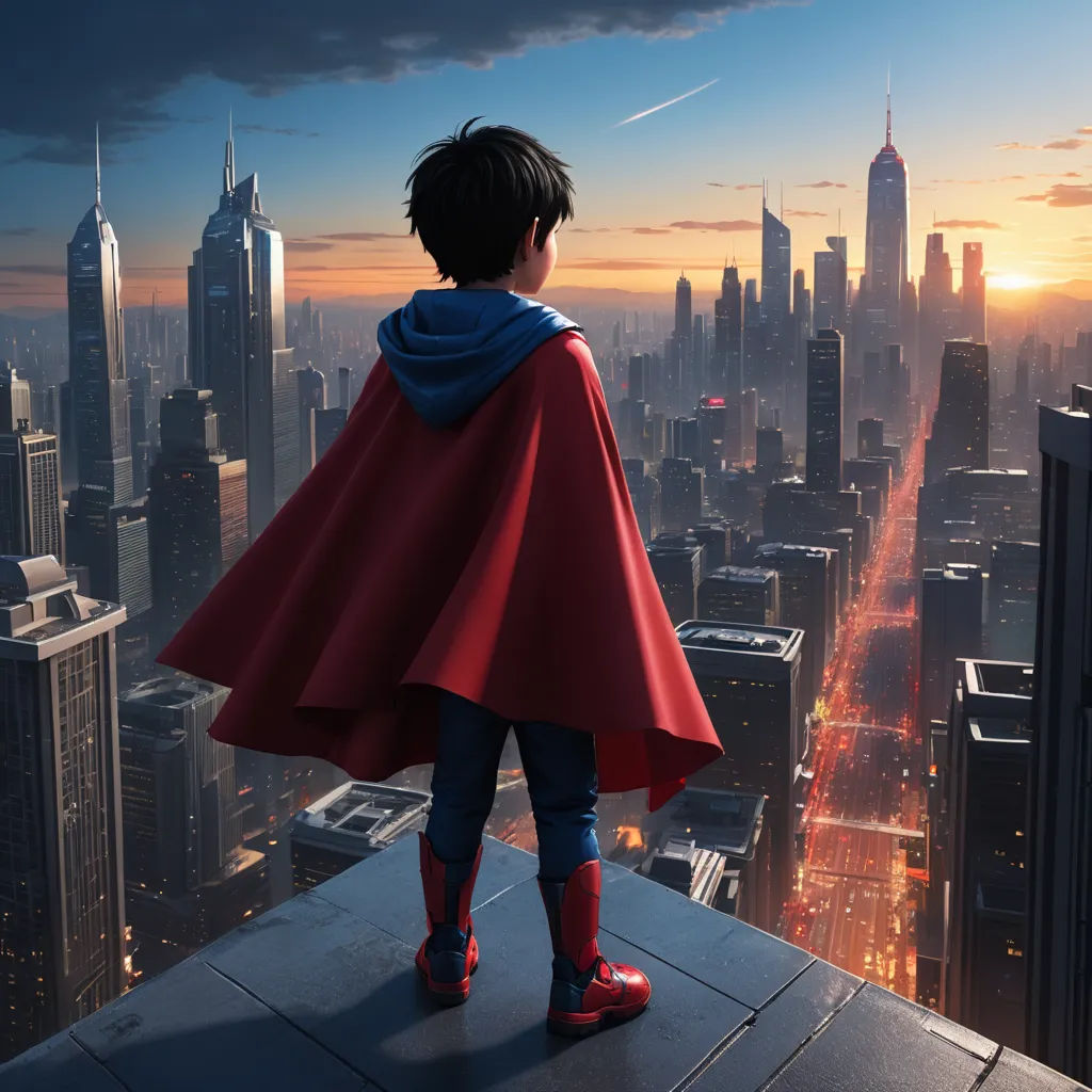 a boy in a cape looking out over a city at sunset with a cityscape in the background, sots art, poster art, Chris LaBrooy, rossdraws global illumination