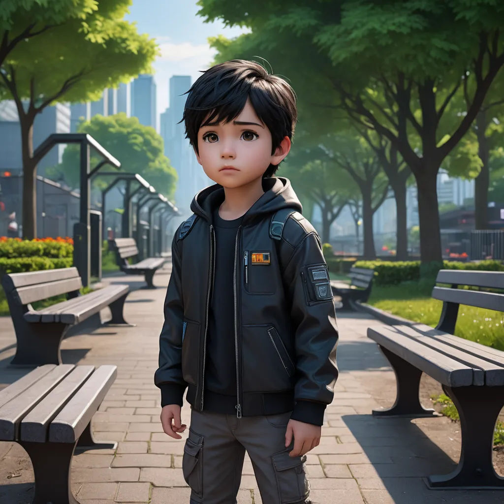 a young boy standing in front of a park bench with a city in the background and trees in the foreground, photorealism, concept art, Eddie Mendoza, unreal engine highly rendered