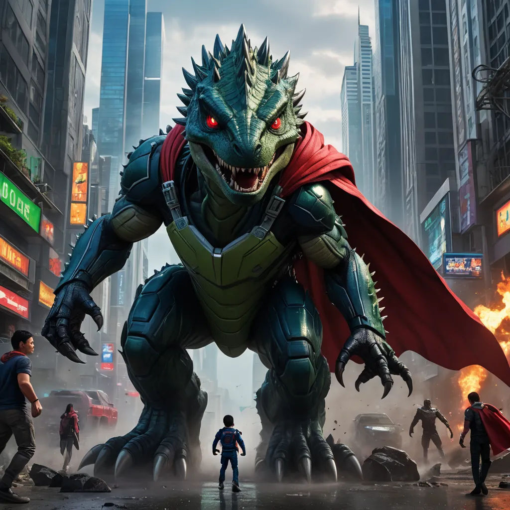 a godzilla with a cape standing in a city street with other people around it and a fire in the background, sots art, concept art, Chris LaBrooy, key art