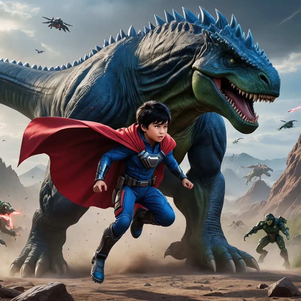a young boy in a superman costume running next to a dinosaur in a desert area with other dinosaurs in the background, sots art, concept art, Adam Rex, key art