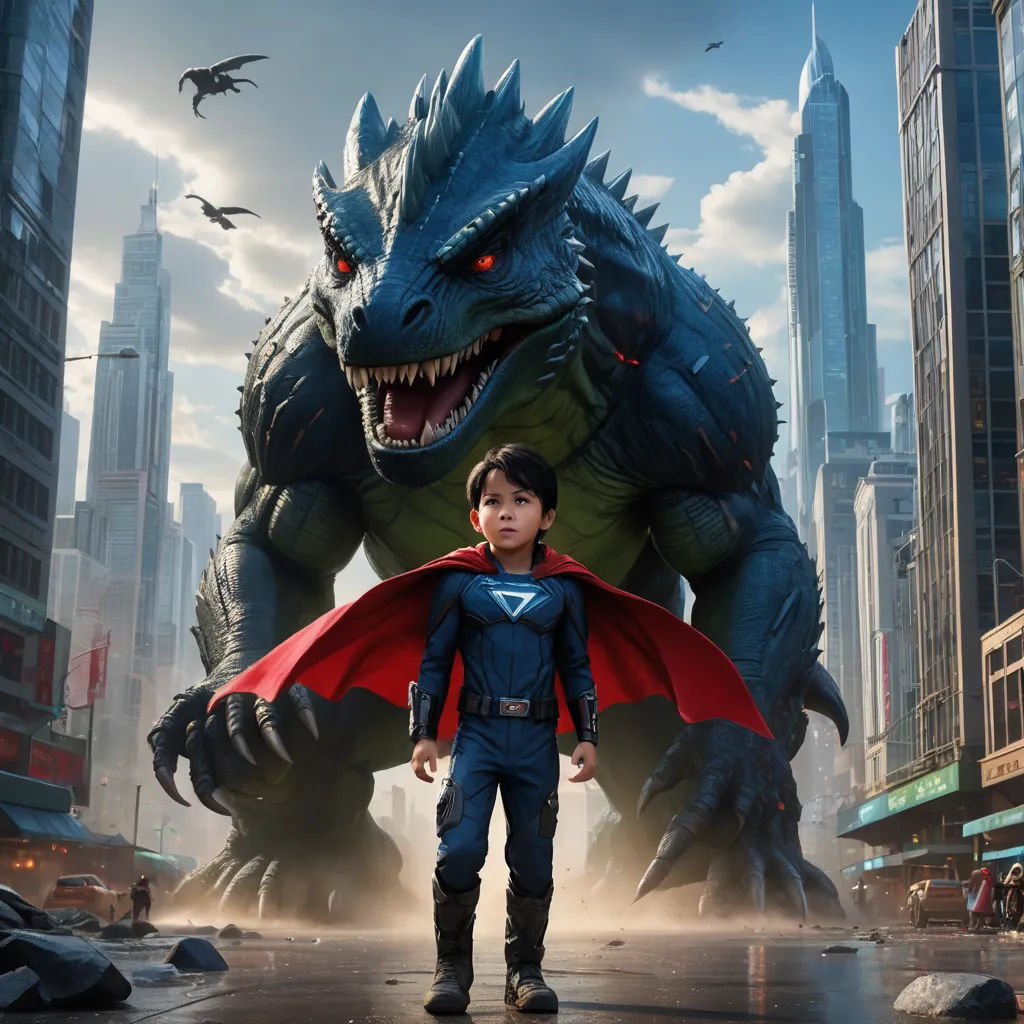 a young boy standing in front of a giant godzilla in a city with a red cape on his shoulders, symbolism, poster art, Chris LaBrooy, promotional image