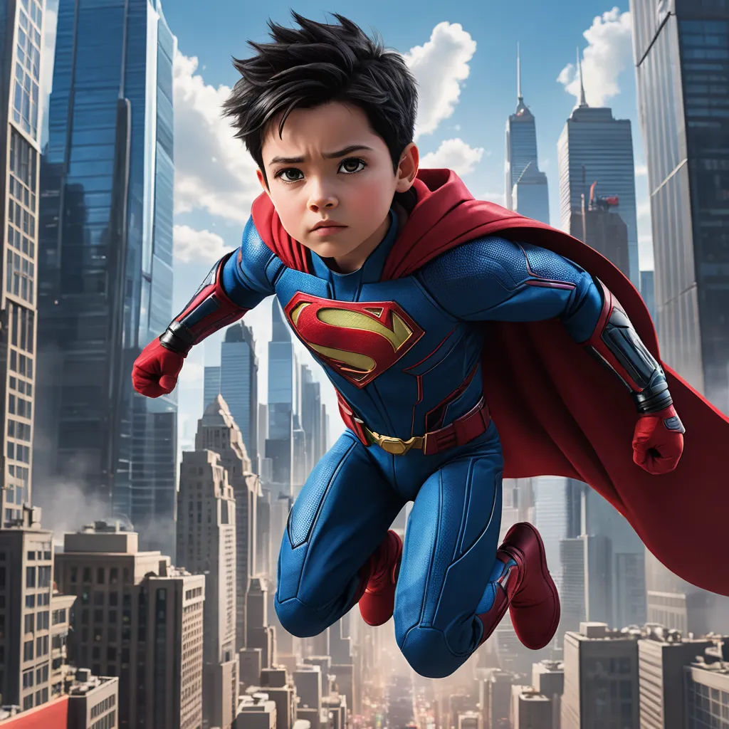 a young boy dressed as superman flying through the air in front of a cityscape with skyscrapers, superflat, a poster, Altichiero, promotional image