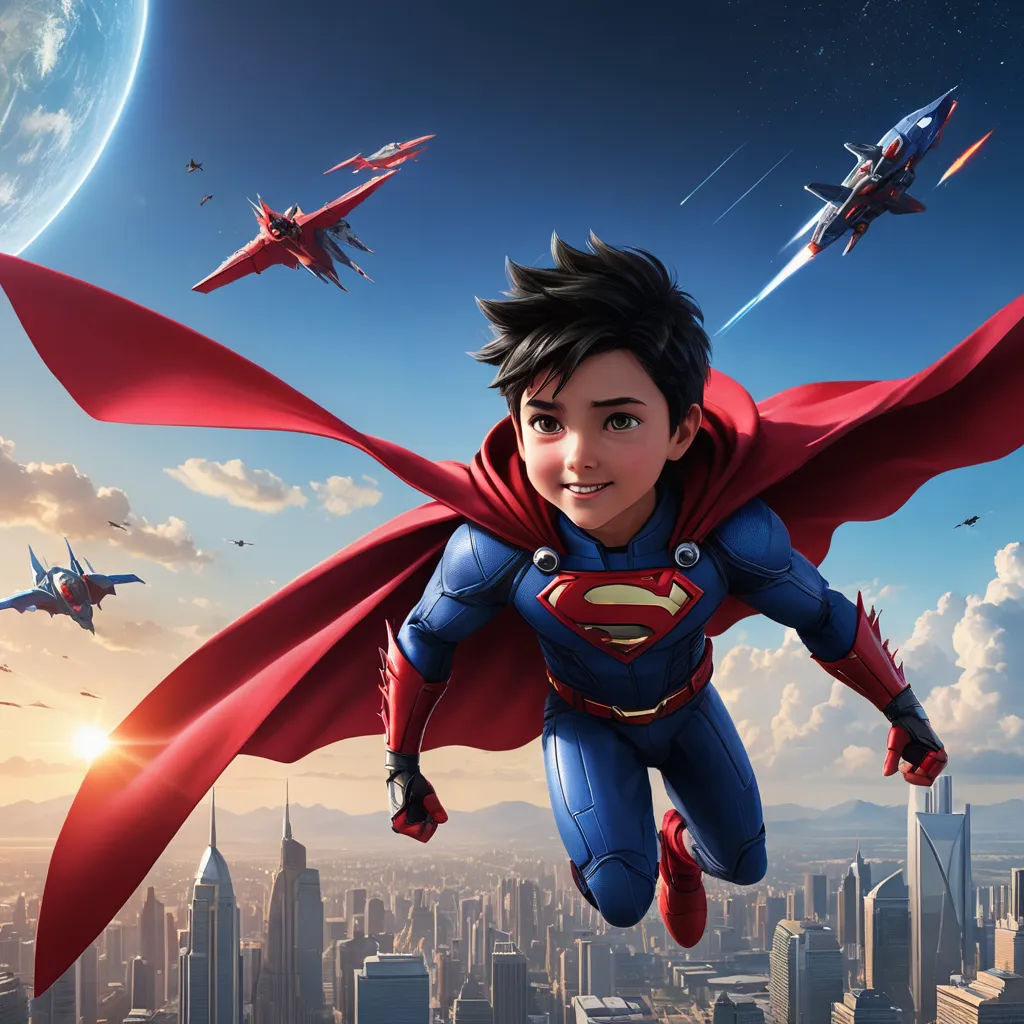 a cartoon character flying through the air with a red cape on his head and a city in the background, superflat, poster art, Cliff Childs, key art