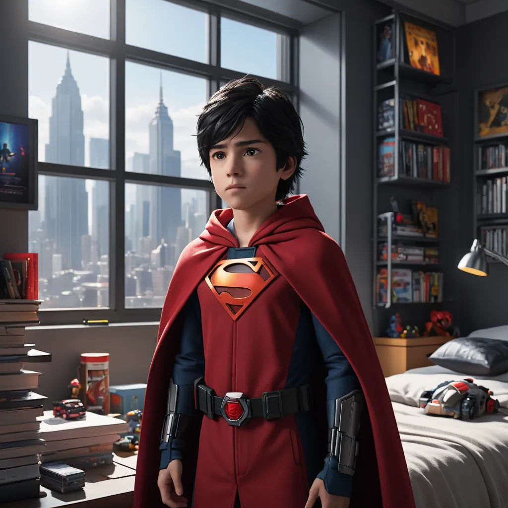 a young man dressed as superman stands in a bedroom with a city view behind him and a bookcase, photorealism, a comic book panel, Chris LaBrooy, promotional image