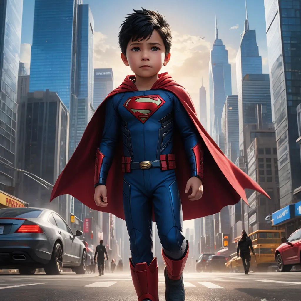 a young boy dressed as superman in a city street with a car and a bus in the background,, photorealism, poster art, Everett Warner, key art