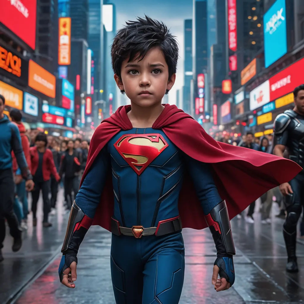 a young boy dressed as superman in a city street with a crowd of people in the background and a man in a red cape, superflat, a comic book panel, Everett Warner, promotional image