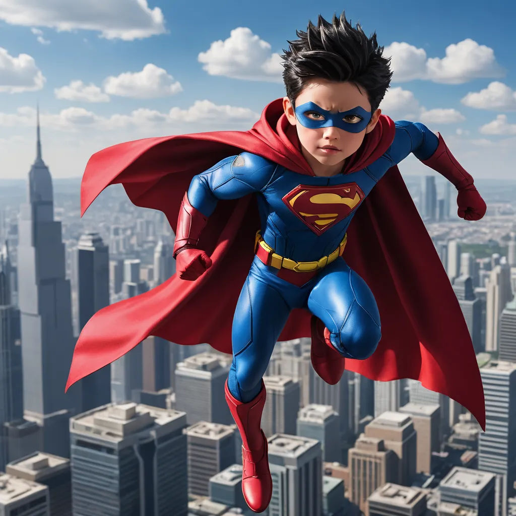 a toy superman flying over a city with a sky background and clouds in the sky above him is a skyscraper, cloisonnism, a comic book panel, Akira Toriyama, imax 70 mm footage