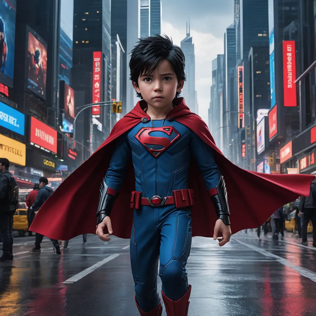 a young boy dressed as superman walking down a street in the rain with a red cape on his head, cloisonnism, a comic book panel, Everett Warner, imax 70 mm footage