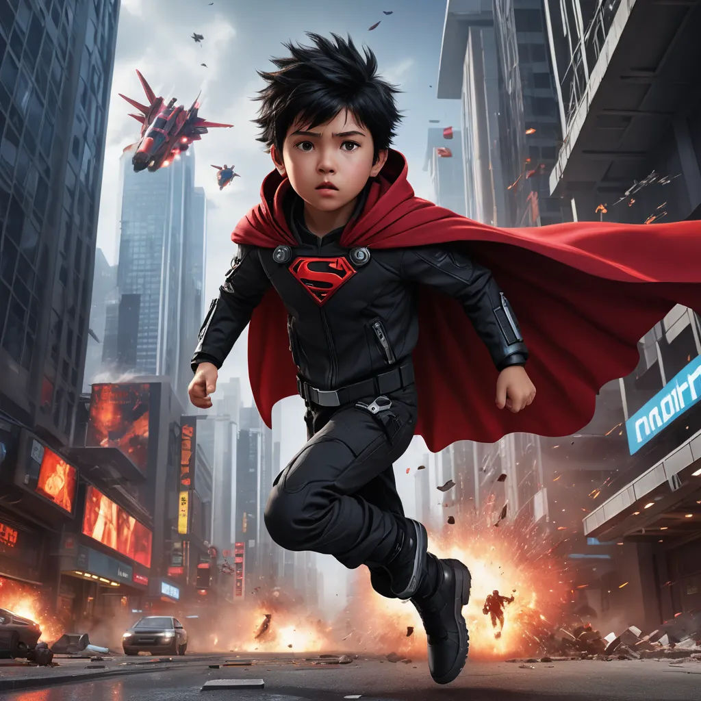 a young man dressed as superman running through a city street with a red cape on his head and a jet flying overhead, photorealism, poster art, Dustin Nguyen, key art