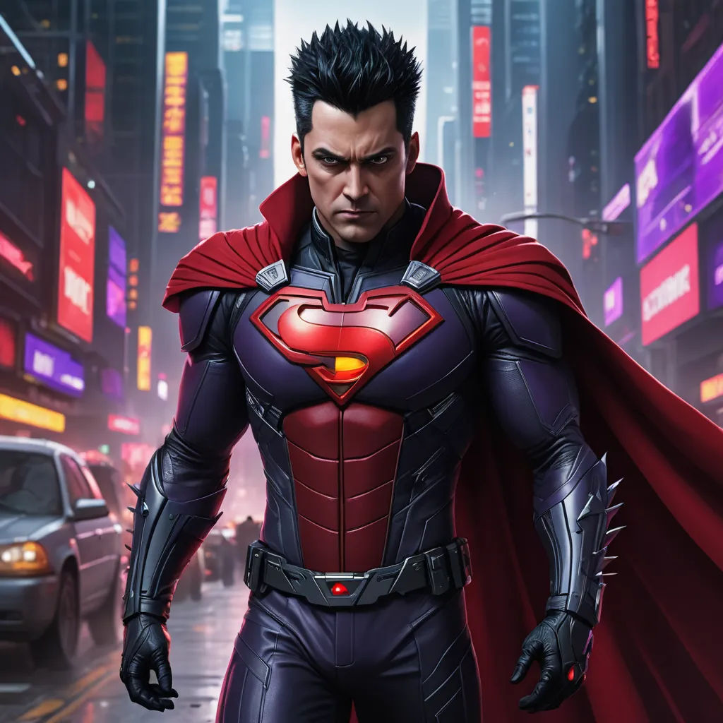 a man in a superman suit standing in the street with a city background and a car in the foreground, photorealism, concept art, Chris LaBrooy, key art