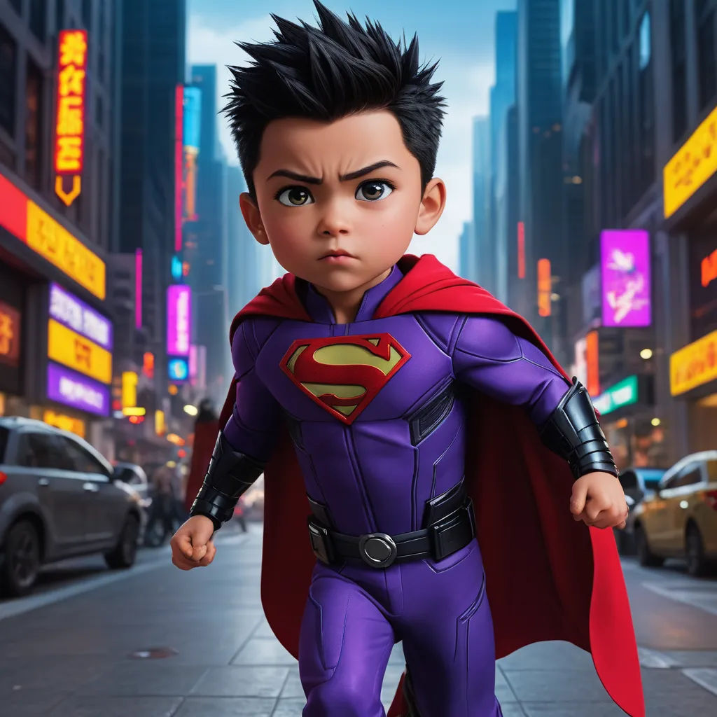 a cartoon character in a purple suit and red cape walking down a city street with neon signs in the background, superflat, concept art, Everett Warner, promotional image
