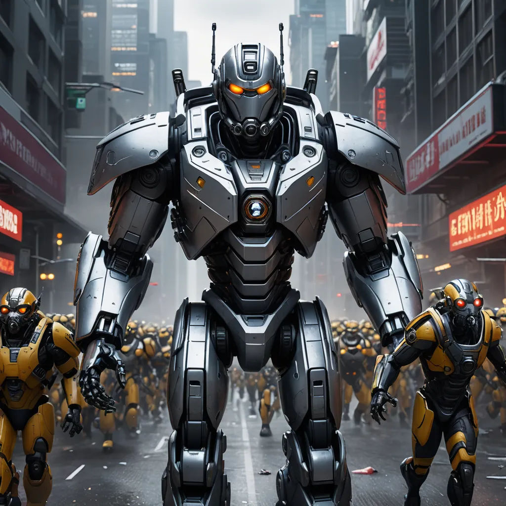 a group of robots walking down a street next to tall buildings in a city with tall buildings in the background, antipodeans, a computer rendering, Beeple, weta digital