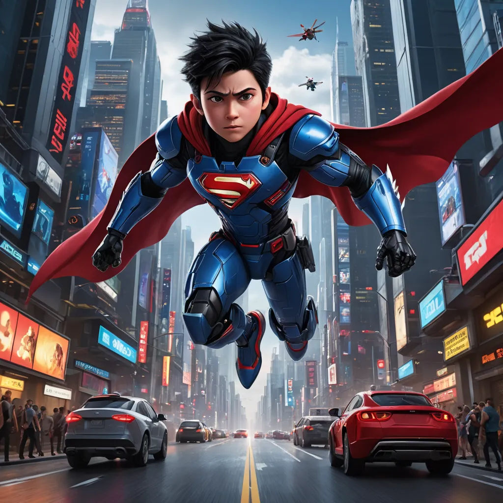 a man in a superman suit flying over a city street in a movie poster for the animated film, man of steel, superflat, poster art, Everett Warner, key art