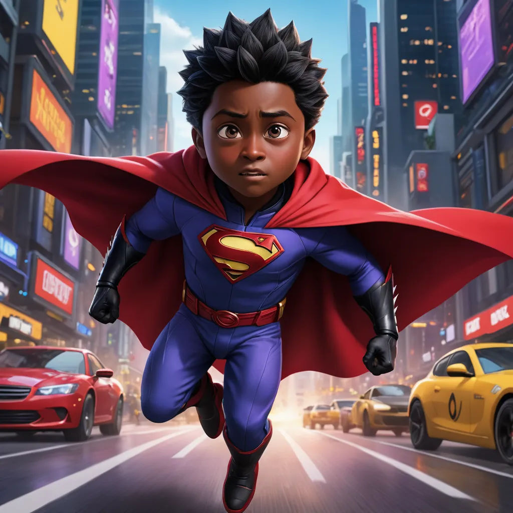 a cartoon character running through a city with a cape on his head and a red cape on his head, afrofuturism, poster art, Everett Warner, official art