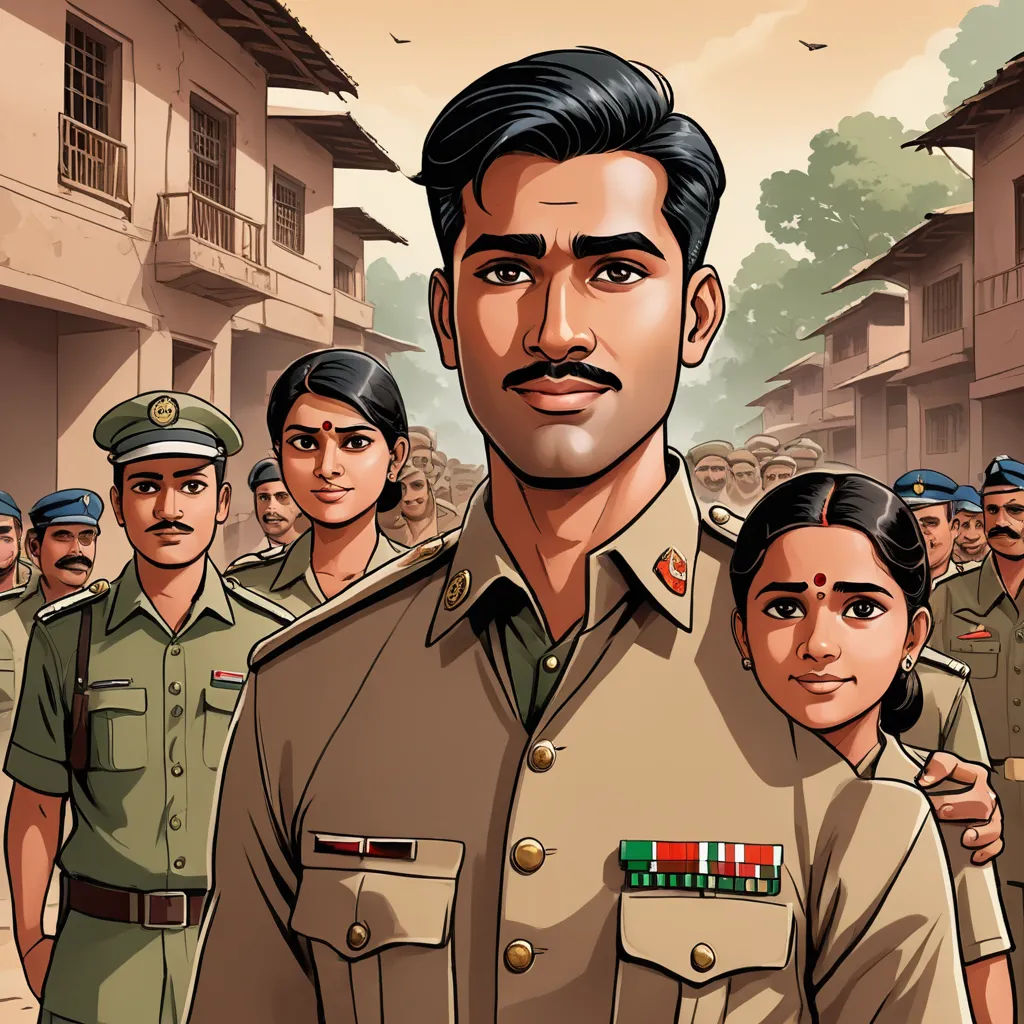 a man in uniform standing in front of a group of people in uniform and a woman in a red dress, samikshavad, a comic book panel, Bhupen Khakhar, graphic novel