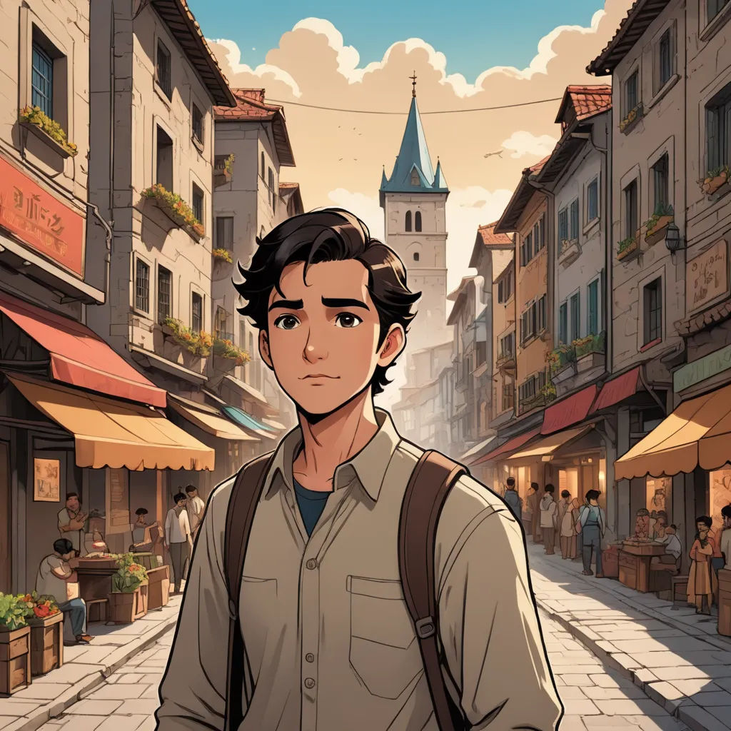 a man standing in a street with a backpack on his shoulder and a building in the background with a clock tower, serial art, a comic book panel, Cedric Seaut (Keos Masons), official art