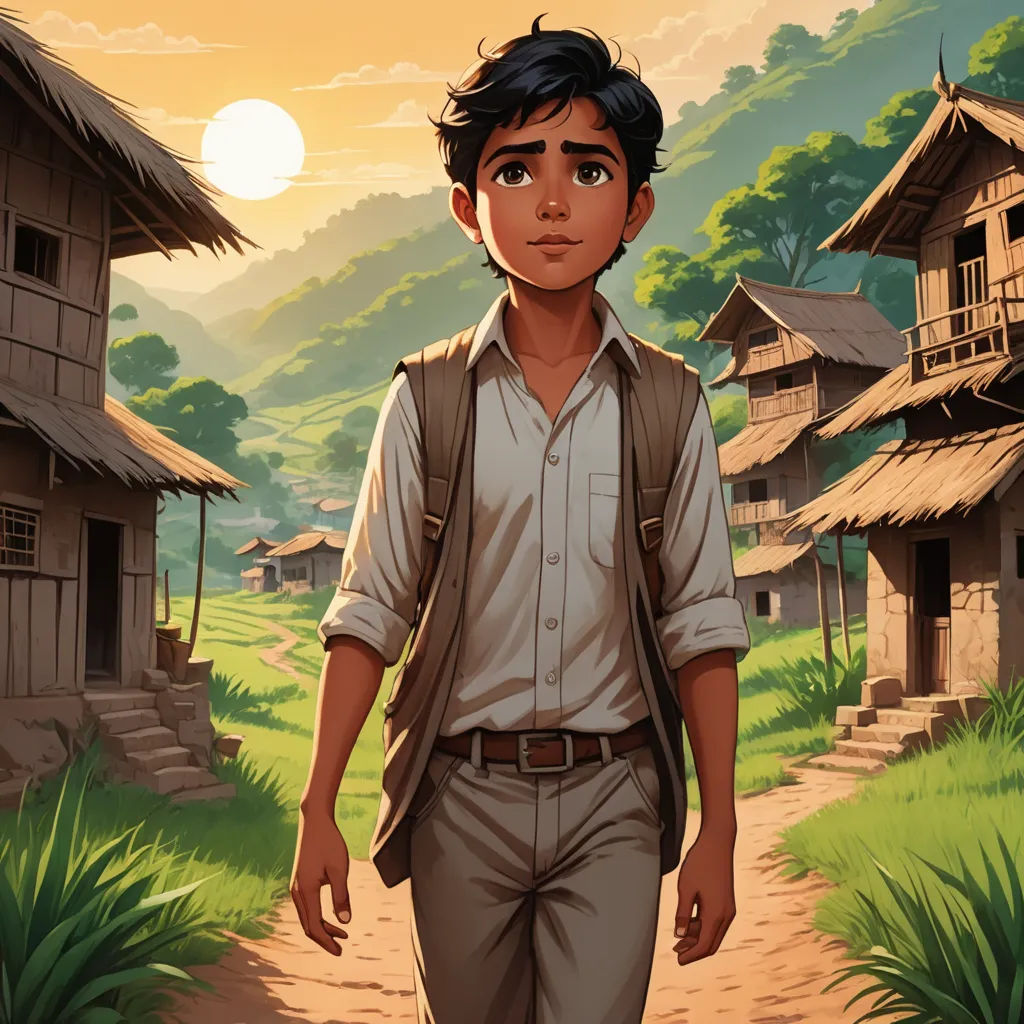 a man walking down a dirt road next to a forest filled with houses and a sunset behind him and a mountain range, magical realism, a storybook illustration, Diego Gisbert Llorens, rossdraws global illumination