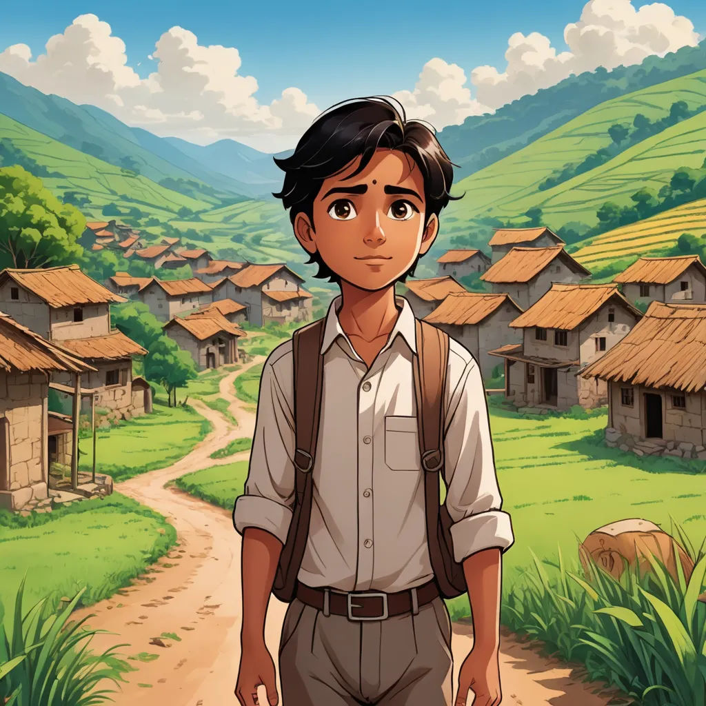 a boy standing in front of a village with a dirt road and a dirt road leading to a village, serial art, a character portrait, Cliff Childs, official art
