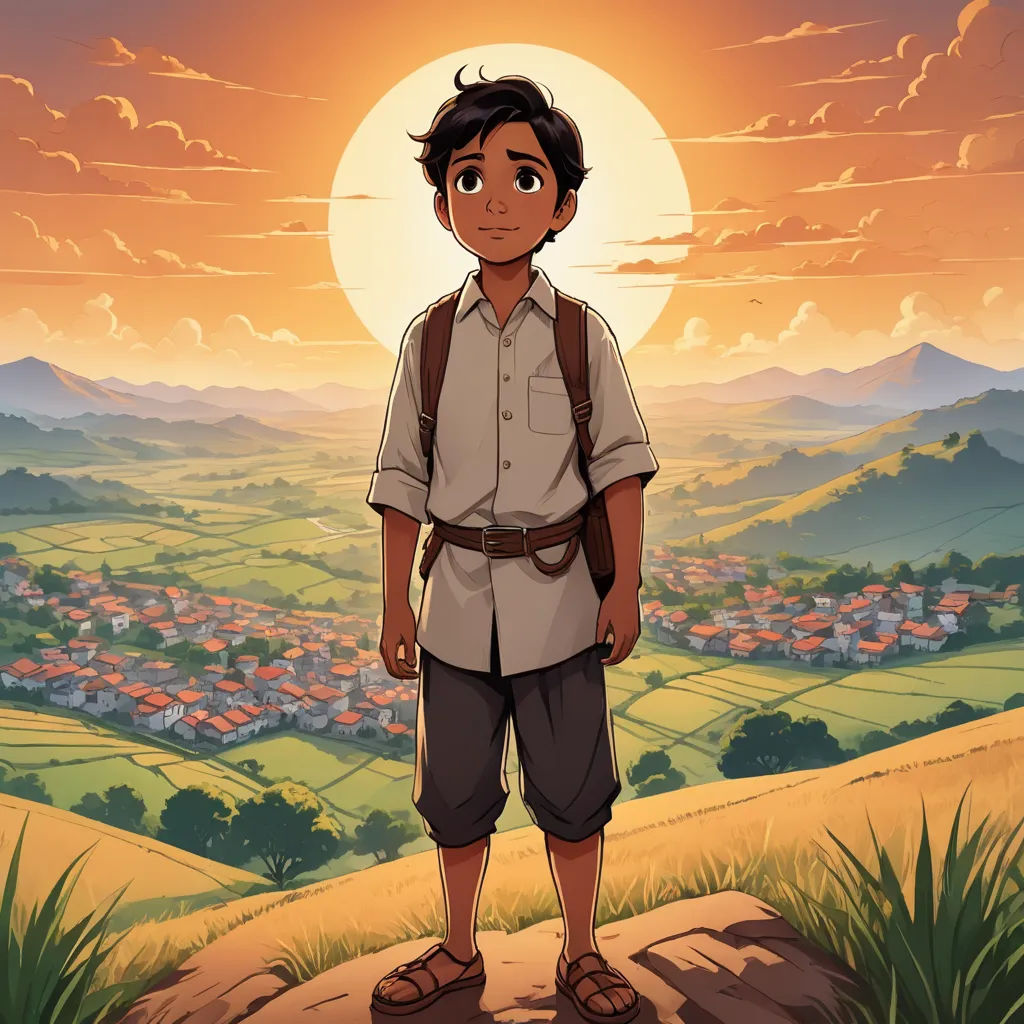 a boy standing on a hill with a sunset in the background and a town in the distance with hills and houses, serial art, poster art, Diego Gisbert Llorens, official art