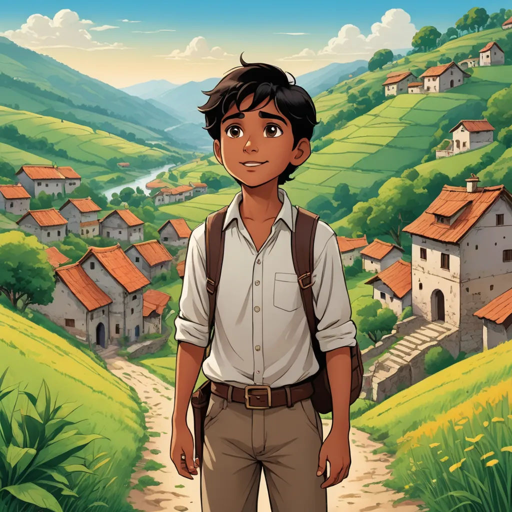 a boy standing in front of a village with a backpack on his back and a river running through it, magical realism, a storybook illustration, Diego Gisbert Llorens, official art