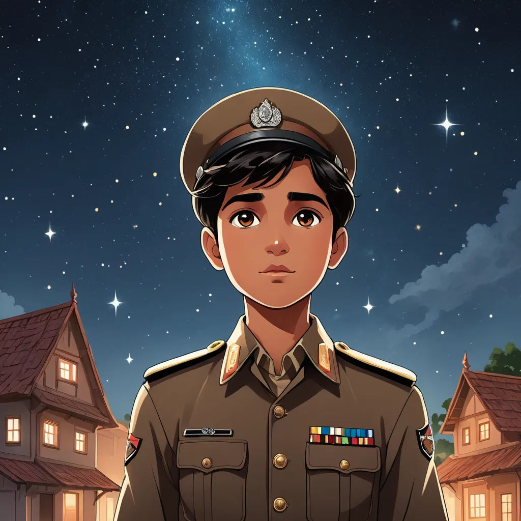 a cartoon of a man in a military uniform standing in front of a house at night with stars in the sky, serial art, a character portrait, Basuki Abdullah, promotional image