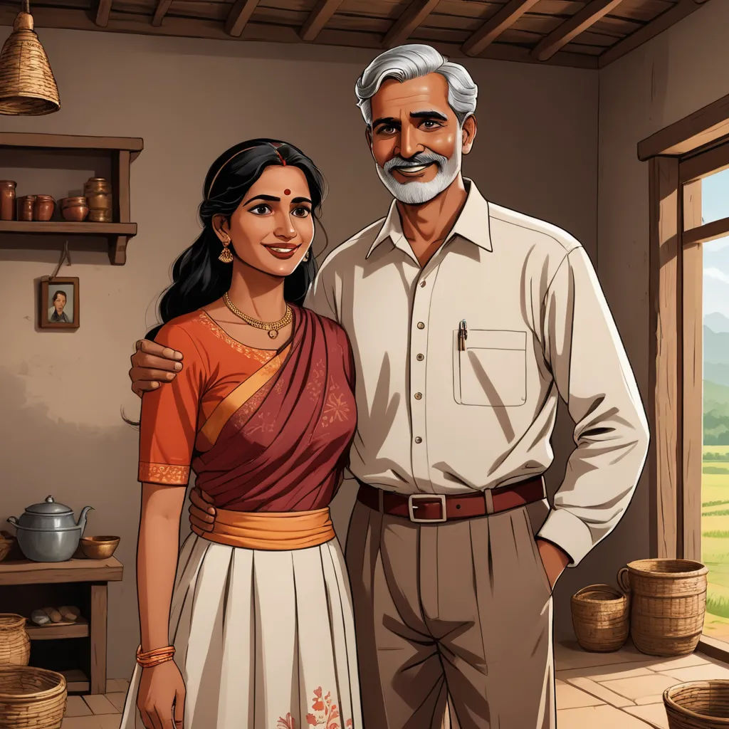 a man and woman standing next to each other in a room with a window and a view of a valley, samikshavad, a storybook illustration, Bapu, game art