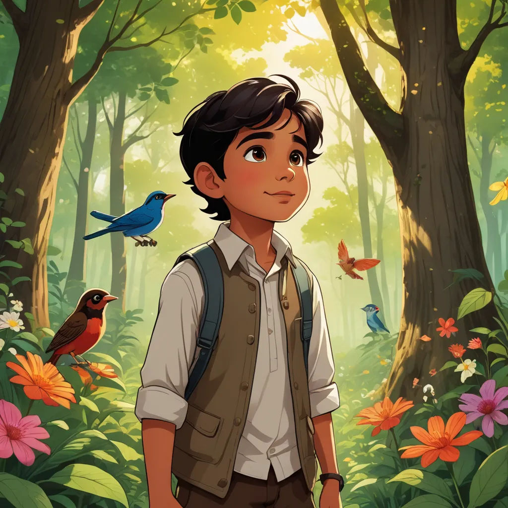 a boy standing in a forest with birds flying around him and a bird on his shoulder and a bird on his shoulder, magical realism, a storybook illustration, Cliff Childs, key art