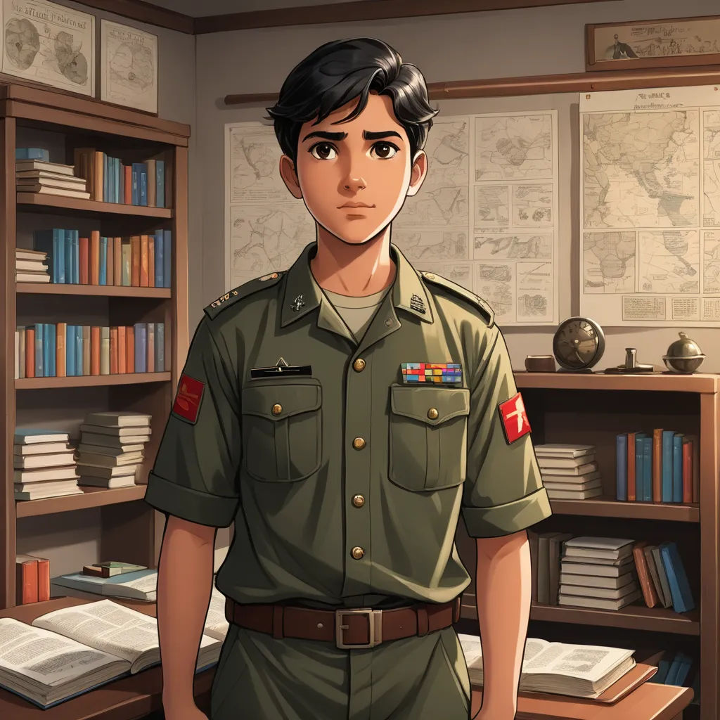 a cartoon of a man in a military uniform standing in front of a bookcase with books on it, sots art, a character portrait, Choi Buk, official art