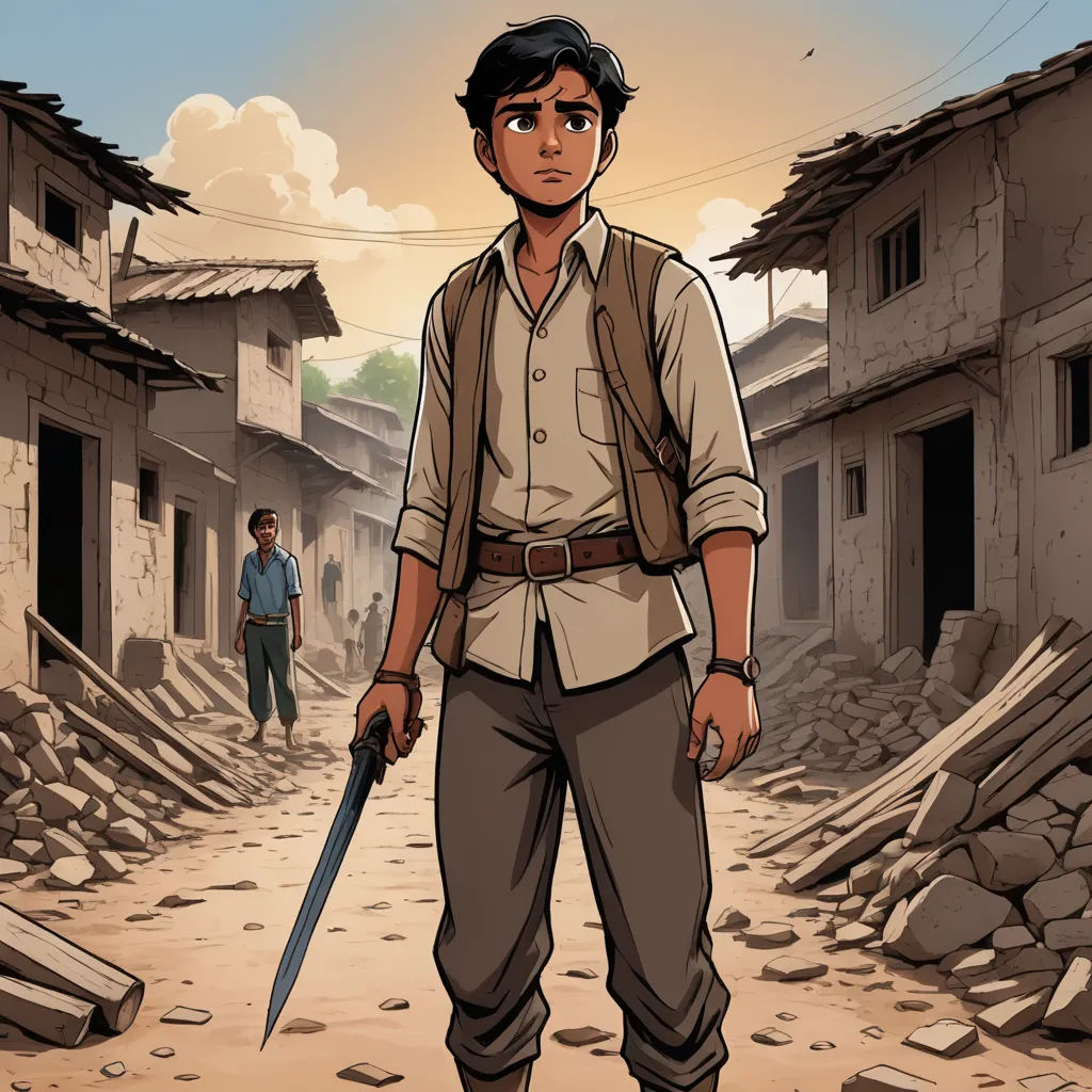 a man holding a knife standing in a dirty street with a man walking by in the background of a ruined building, samikshavad, a comic book panel, Asaf Hanuka, graphic novel