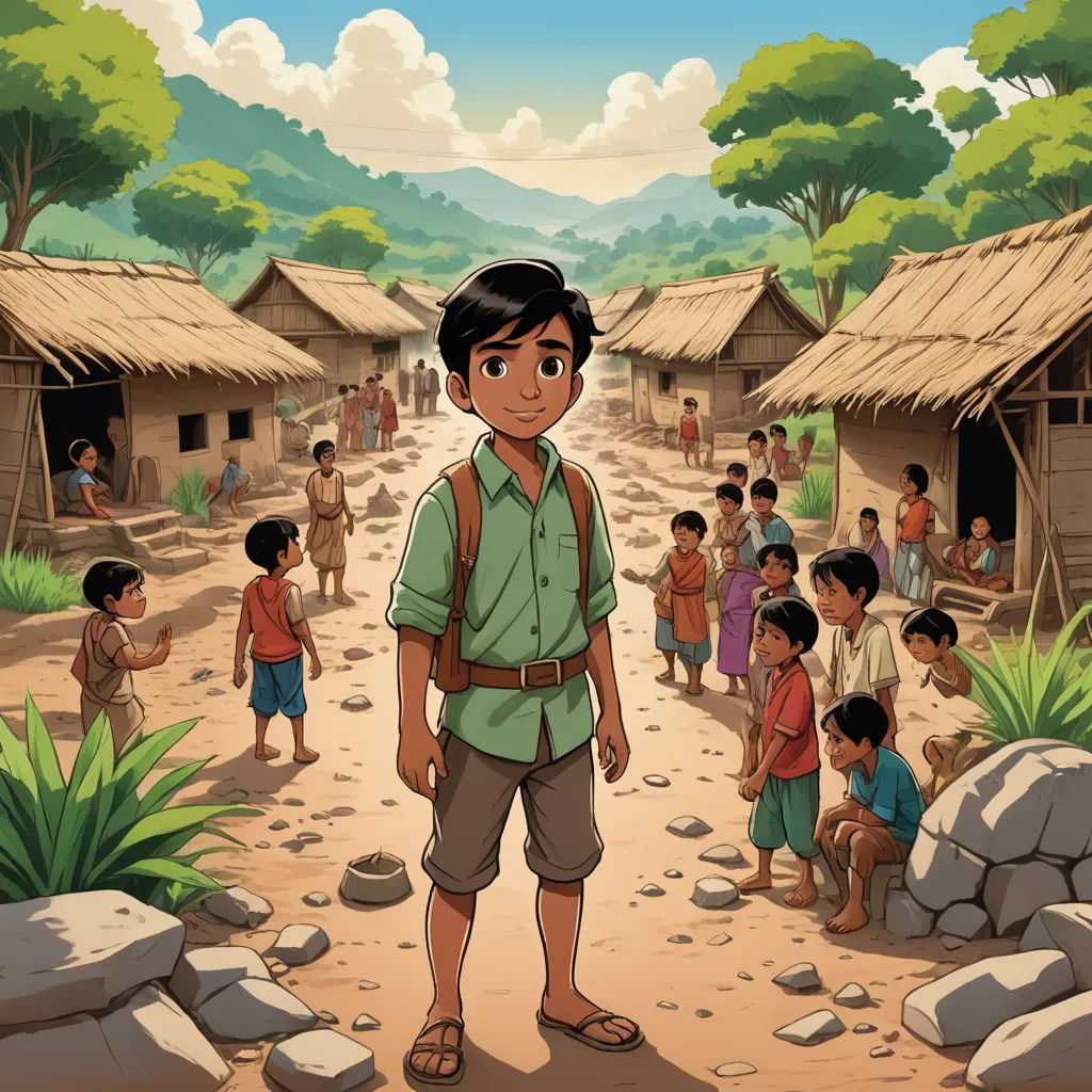 a cartoon of a boy standing in front of a village with a lot of people around him and a boy in the foreground, primitivism, a storybook illustration, Dustin Nguyen, graphic novel