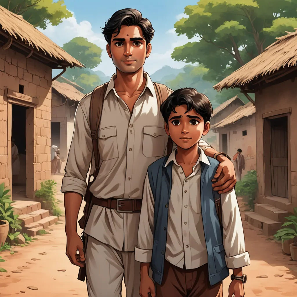 a man and a boy are standing in front of a village with a hut on the other side of the picture, serial art, a storybook illustration, Brothers Hildebrandt, graphic novel