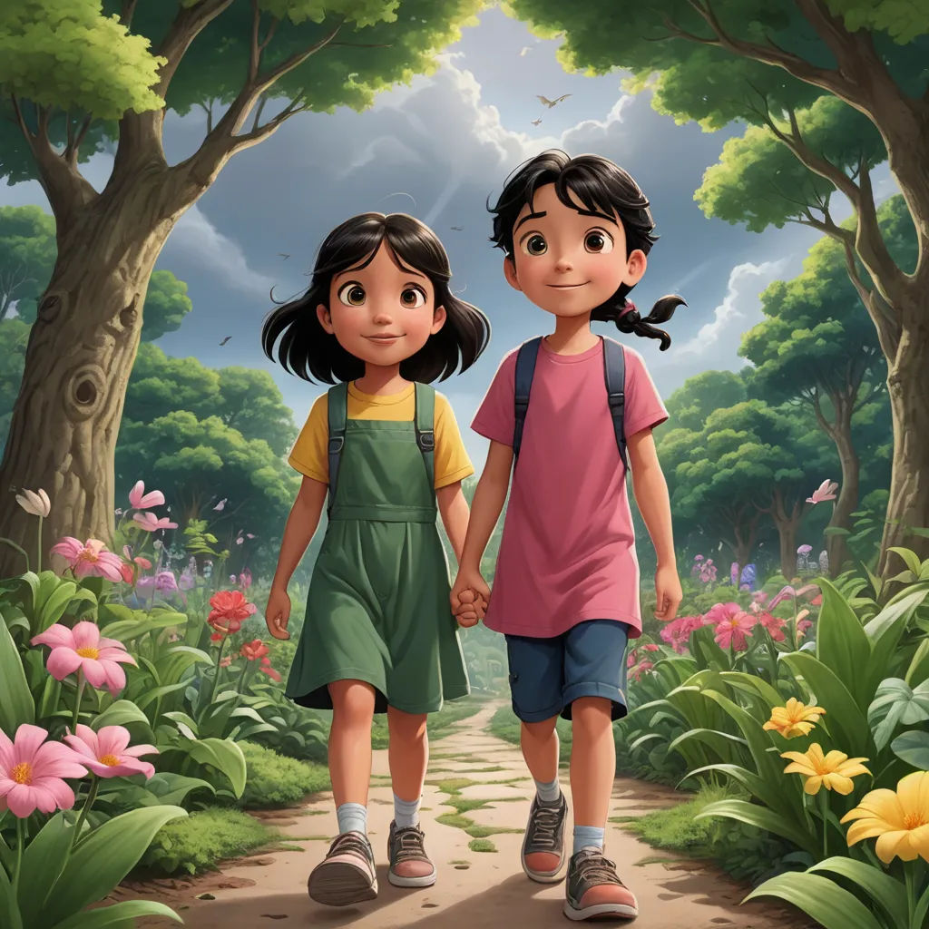 a couple of kids walking down a dirt road next to a forest filled with flowers and trees with a sky background, lyco art, a storybook illustration, Diego Gisbert Llorens, official art