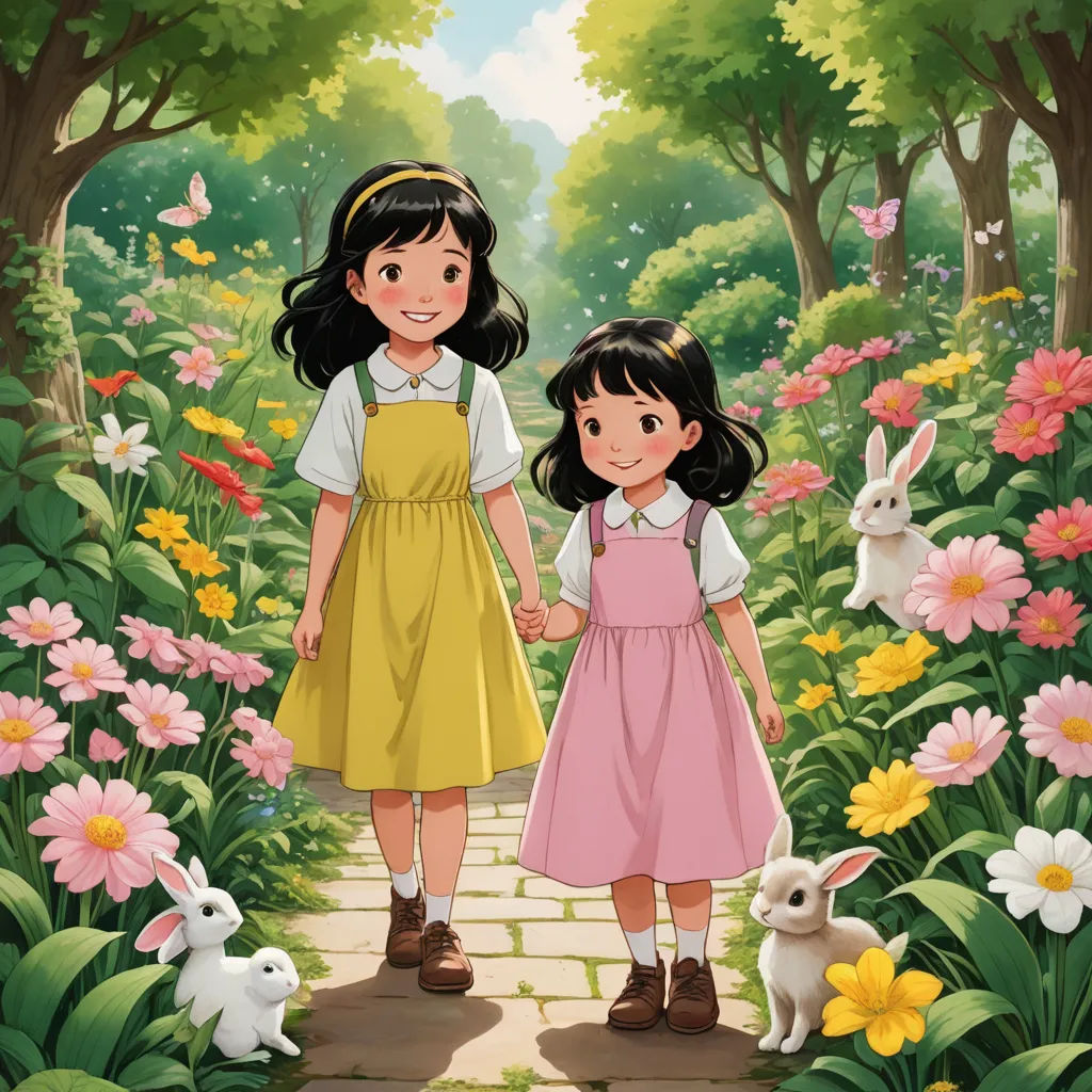 two little girls walking through a garden with flowers and rabbits on the ground, one holding the hand of the other, serial art, a storybook illustration, Alice Prin, ghibli