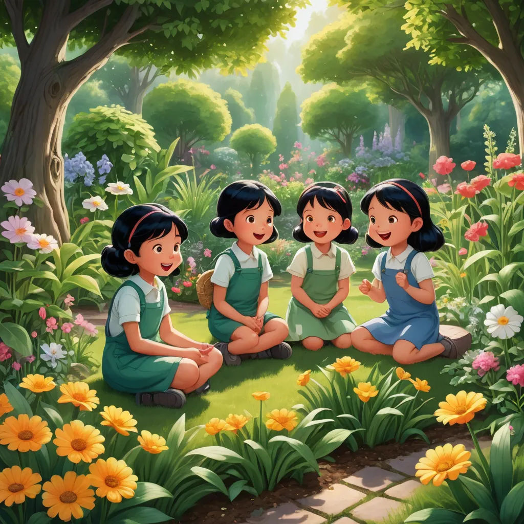 a group of children sitting on the ground in a garden with flowers and trees around them, and a girl in the middle of the picture, lyco art, a storybook illustration, Choi Buk, official art