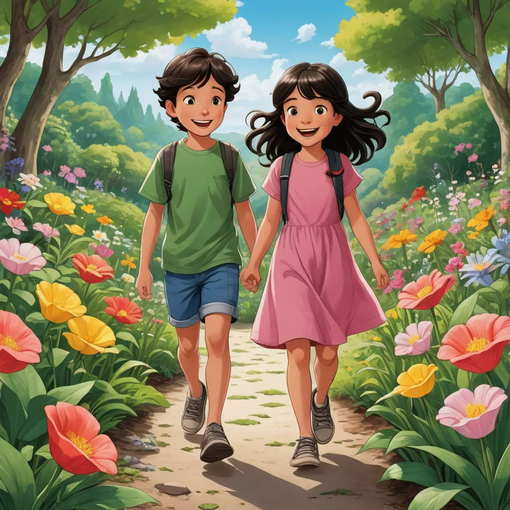a boy and a girl walking through a flowery field together illustration by alex krapfke for the children's book, lyco art, a storybook illustration, Diego Gisbert Llorens, official art