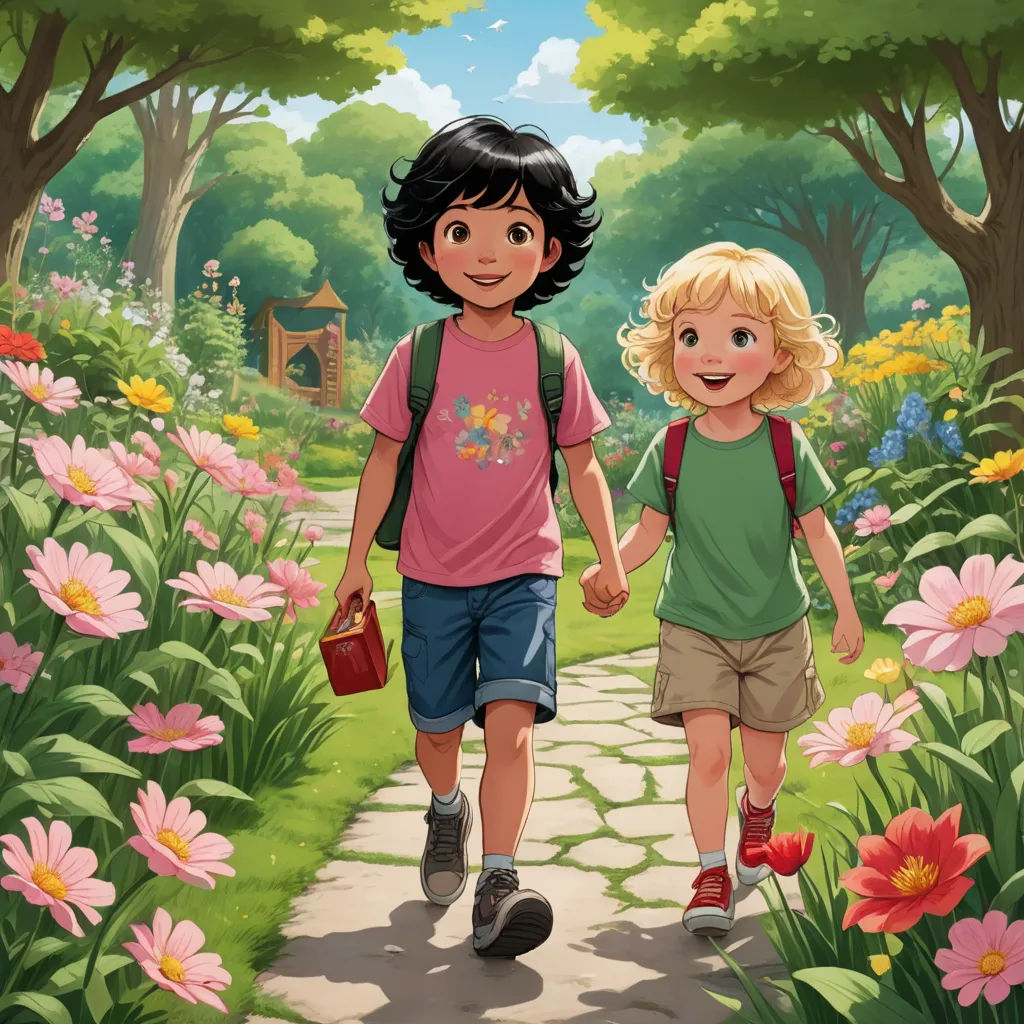 a boy and a girl walking down a path in a flower garden with a red purse on their back, vancouver school, a storybook illustration, Felix-Kelly, promotional image