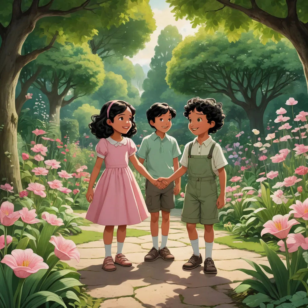 a painting of two children holding hands in a garden with pink flowers and trees in the background, with a path leading to the park, magical realism, a storybook illustration, Bhupen Khakhar, promotional image