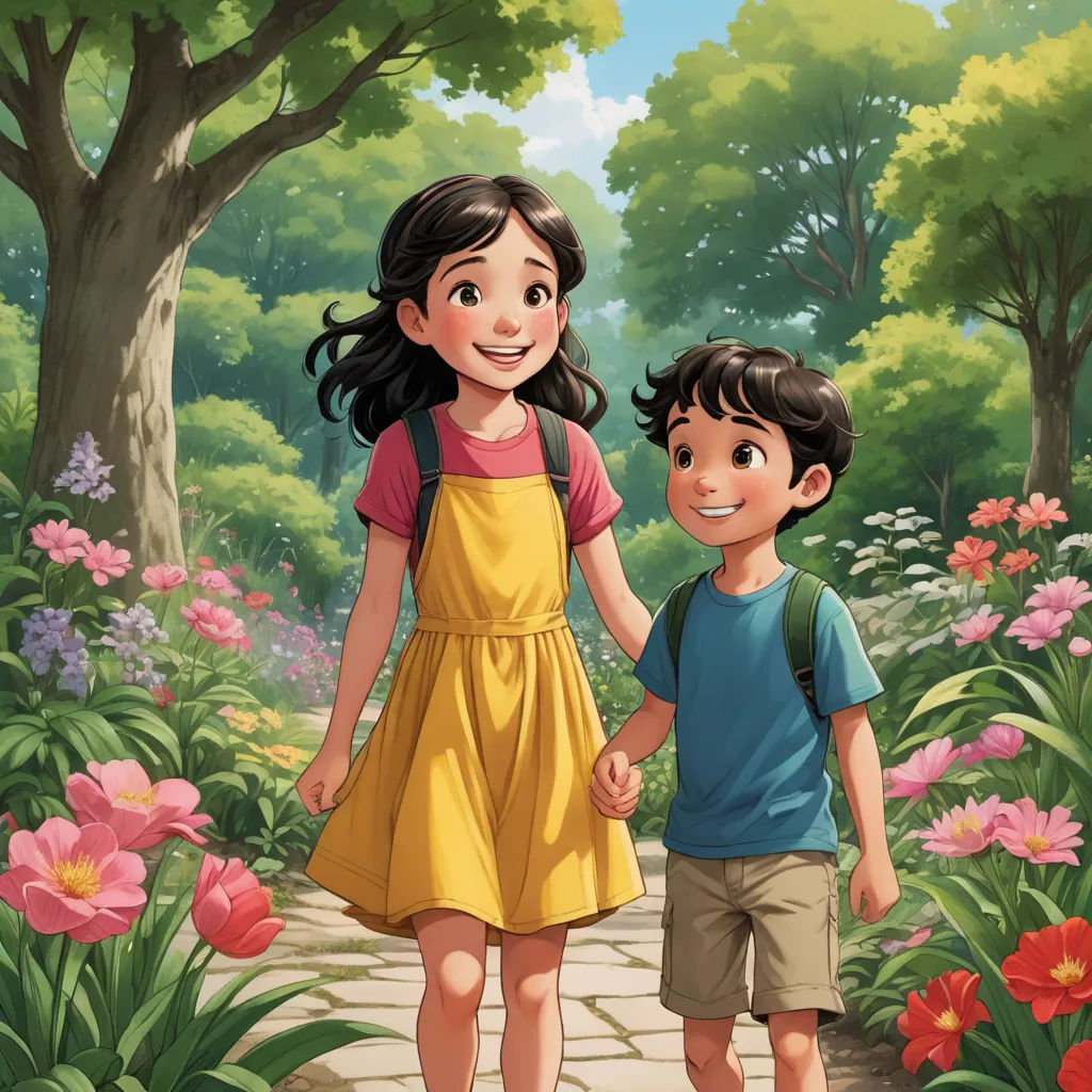 a boy and a girl walking through a garden holding hands and smiling at the camera, with a path leading to a tree, lyco art, a storybook illustration, Diego Gisbert Llorens, official art