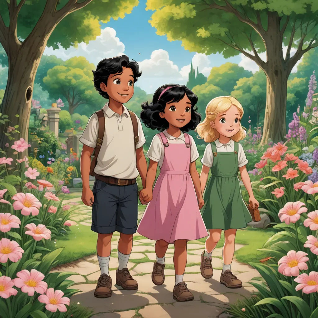 a couple of kids standing next to each other in a field of flowers and trees with a girl in a pink dress, magical realism, a storybook illustration, disney, promotional image
