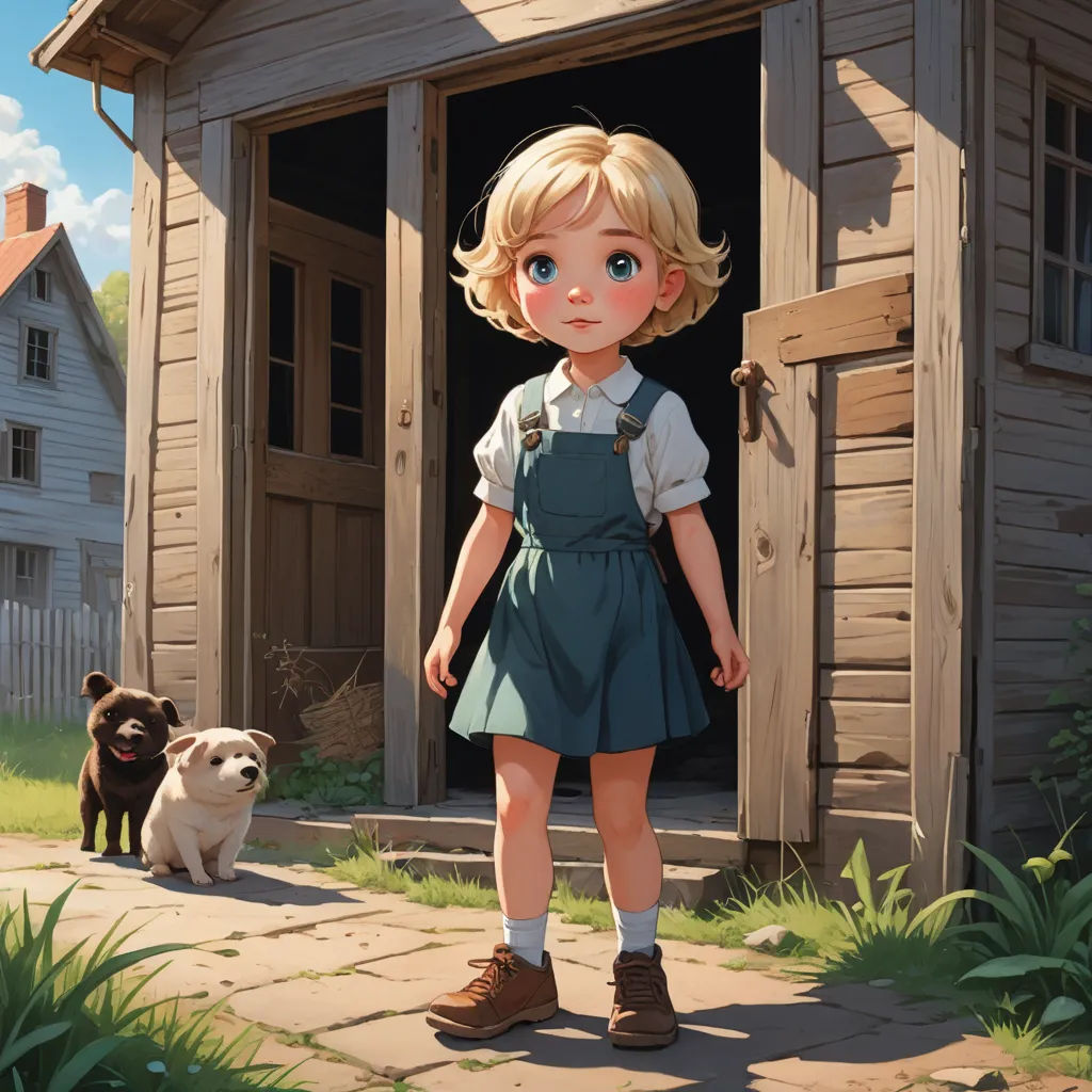 a little girl standing in front of a dog and a house with a dog on the sidewalk next to it, american scene painting, a storybook illustration, Aaron Jasinski, cushart krenz