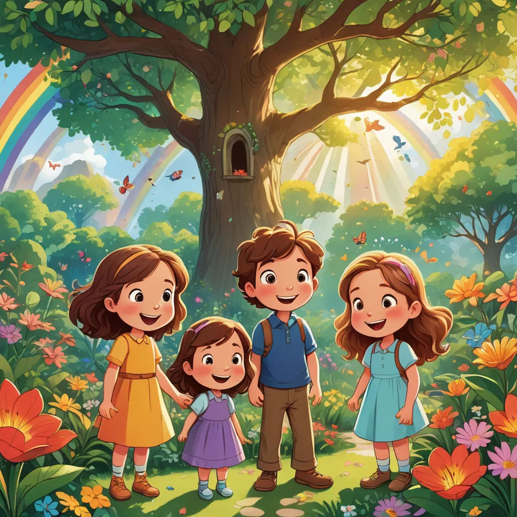 a family of three standing in front of a tree with a birdhouse in the background and a rainbow in the sky, private press, a storybook illustration, Diego Gisbert Llorens, promotional image