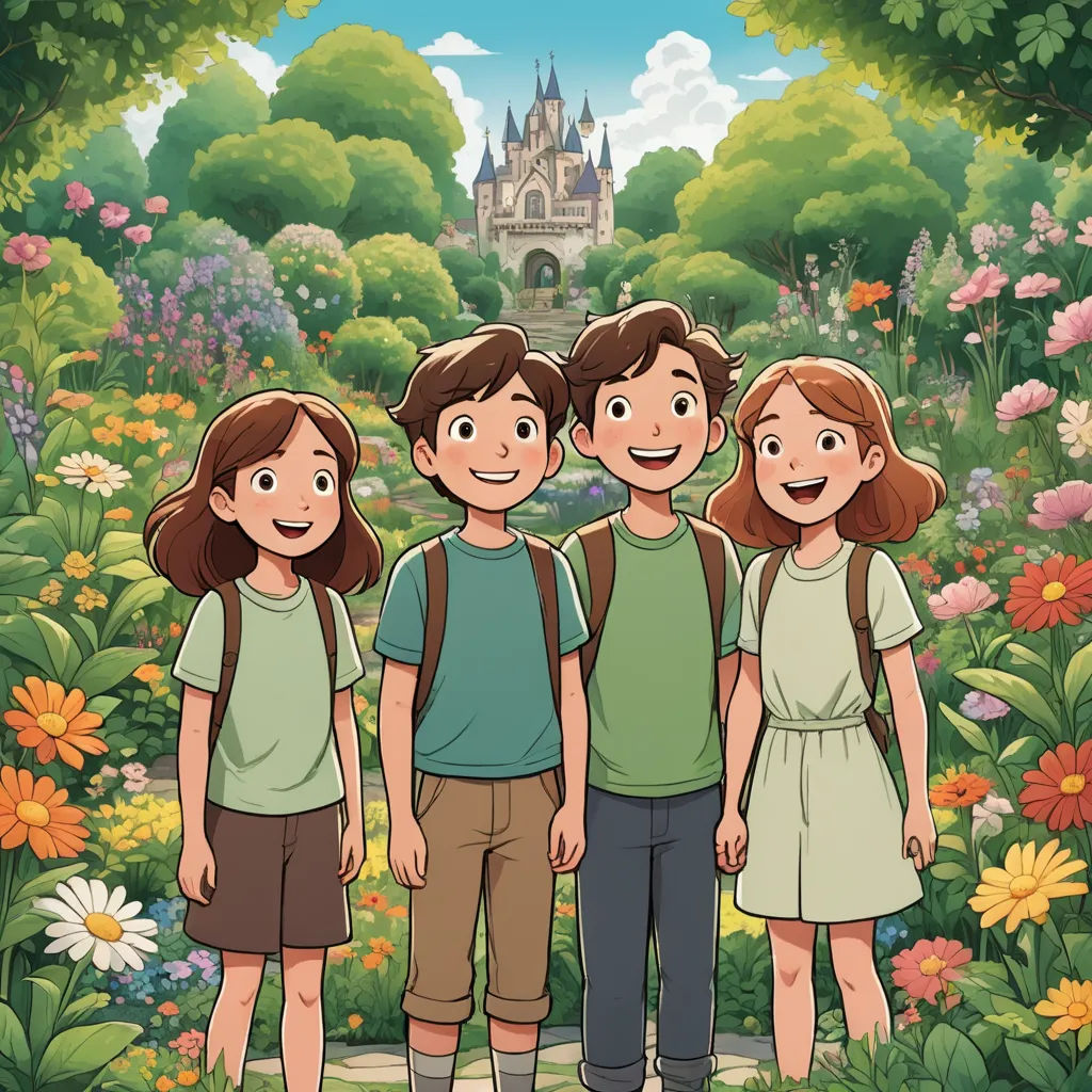 a group of people standing in front of a castle with flowers and trees around them and a castle in the background, paris school, a poster, disney, official art