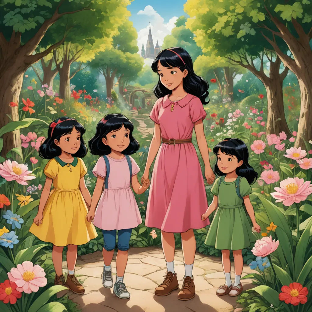 a cartoon of a family in a garden with flowers and trees in the background, with a castle in the distance, serial art, a storybook illustration, Ayako Rokkaku, official art
