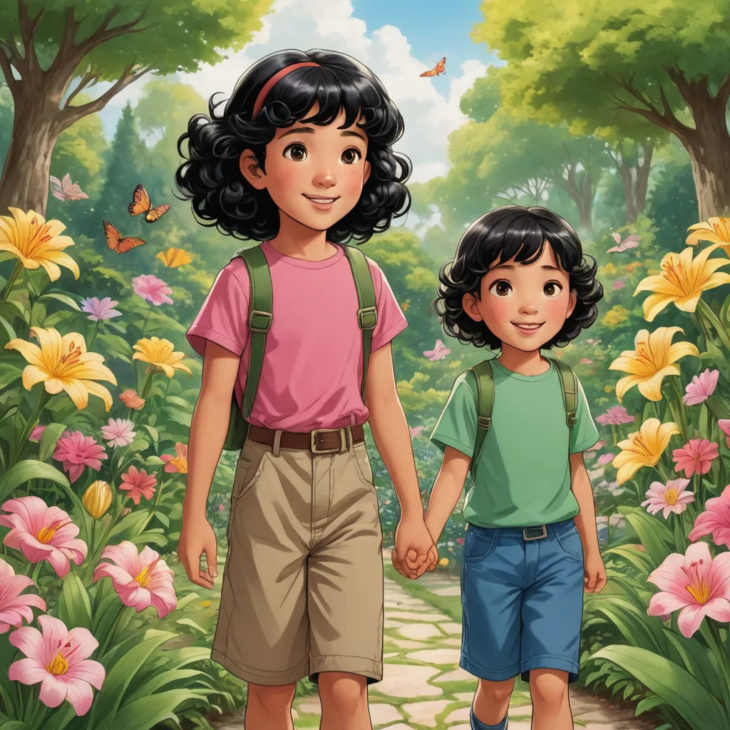 a boy and a girl are walking through a garden with flowers and butterflies on the ground and a path, paris school, a storybook illustration, disney, official art
