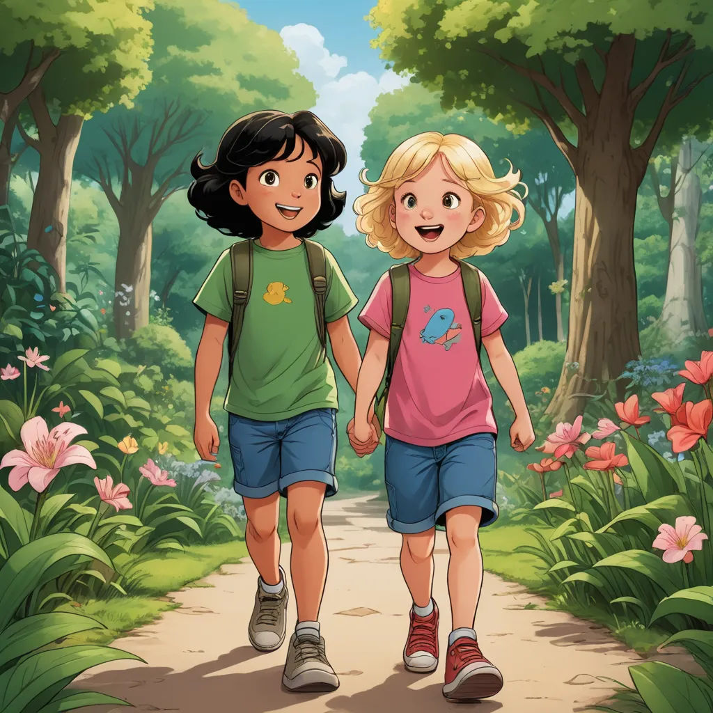 a couple of kids walking down a dirt road in a forest with flowers on both sides of them and a forest with flowers on both sides, paris school, a storybook illustration, Felix-Kelly, promotional image