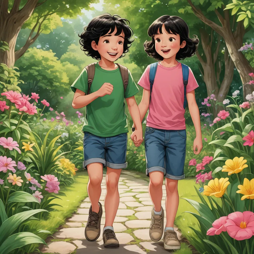 two children walking down a path in a garden with flowers and trees behind them, with a path leading to the right, paris school, a storybook illustration, Brothers Hildebrandt, official art