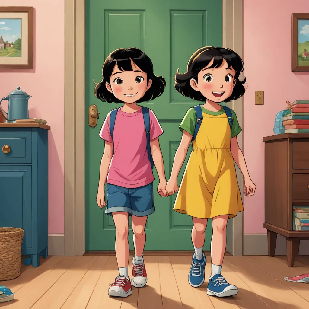 two young girls standing in front of a green door in a pink room with a blue dresser and a blue dresser, lyco art, a storybook illustration, Anne Said, official art