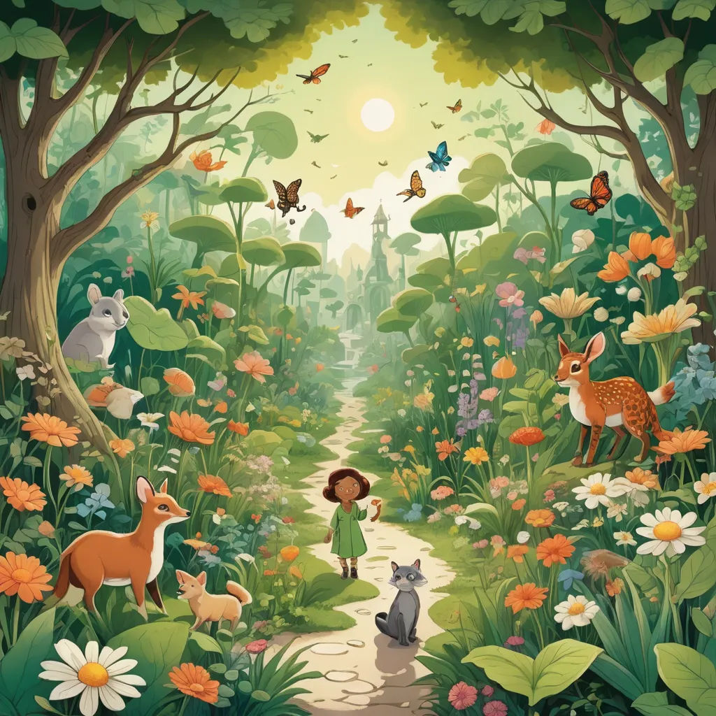 a painting of a girl and animals in a forest with flowers and butterflies around her, and a path leading to a forest with flowers and butterflies, fantasy art, a storybook illustration, Elinor Proby Adams, storybook illustration