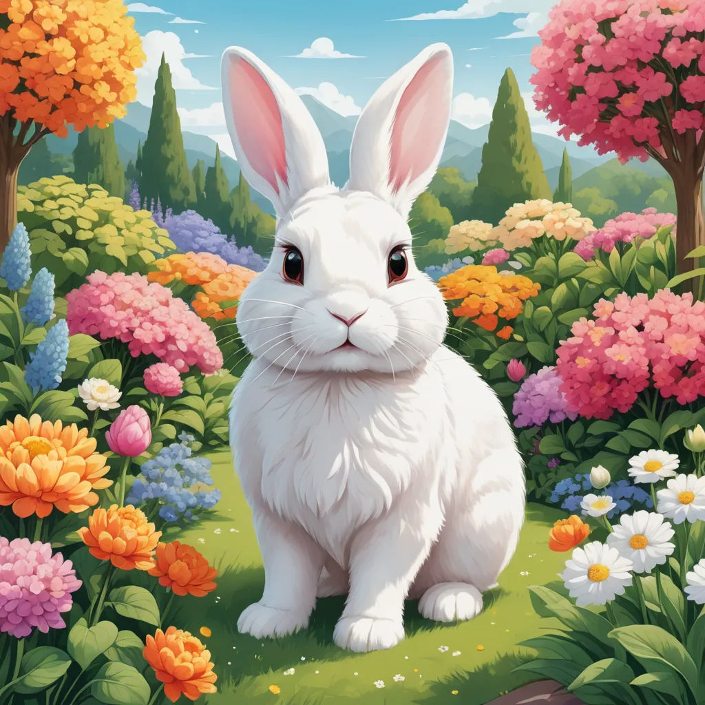 a white rabbit sitting in a garden of flowers and trees with a blue sky in the background and clouds in the sky, furry art, a digital painting, Chris LaBrooy, rossdraws global illumination